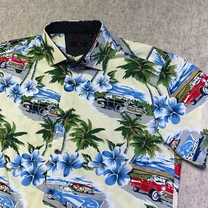 BC Collection Men's Retro Hawaiian Shirt Large Vintage Car &‎ Palm Tree Print
